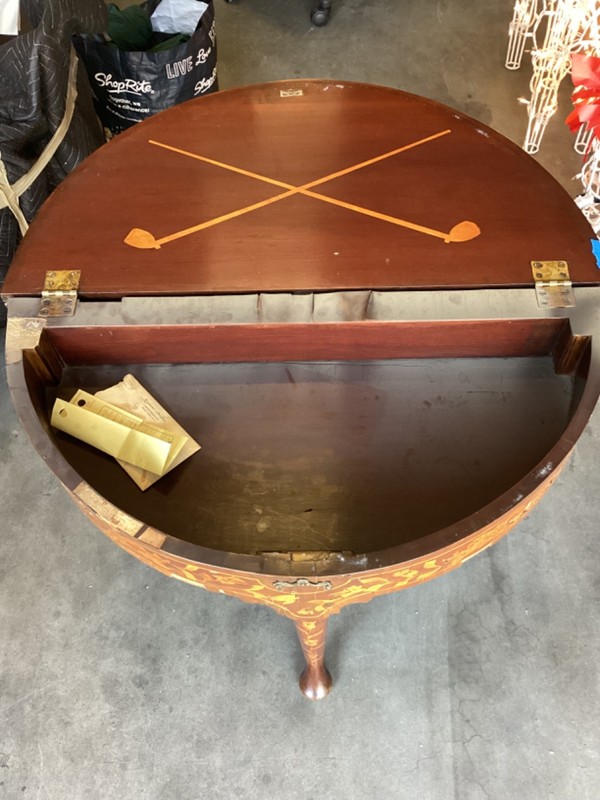 Antique French Inlay Flip Top Floral Console Game Table Veneer Damage Stunning gallery