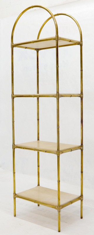 Pair Solid Brass Faux Bamboo Arch Shape Top Goat Skin Parchment Shelves Etageres gallery