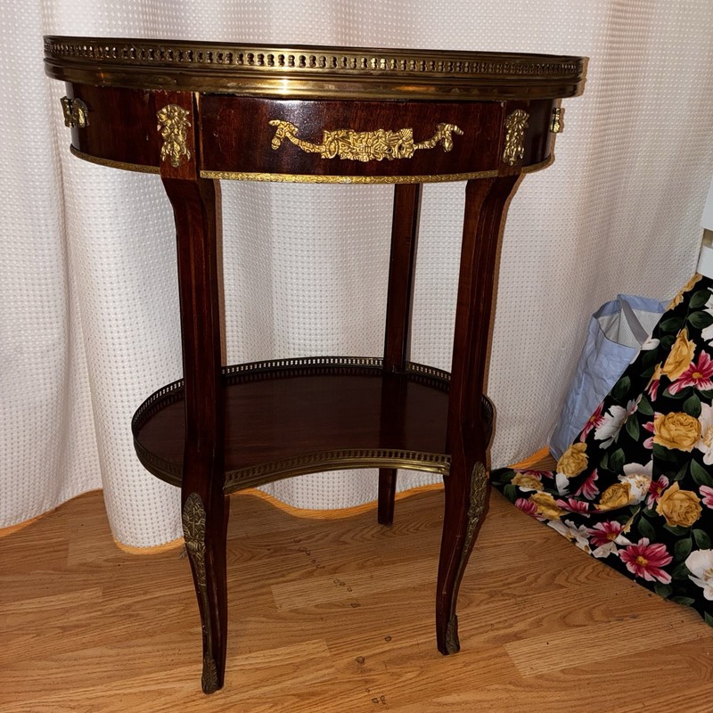 1900s Antique French Louis XV Walnut Marquetry inlay side table / end table gallery