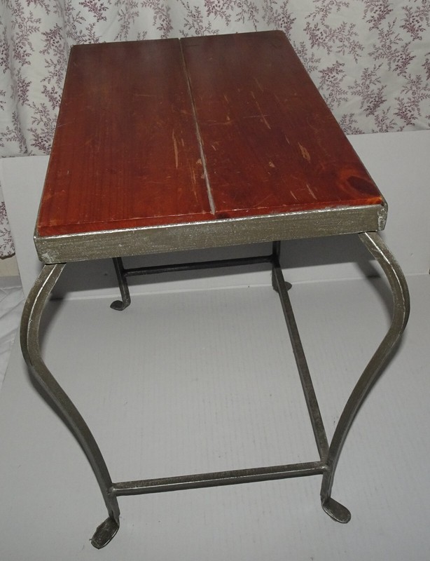 Vintage small side table with a Mahogany top and wrought iron Frame and legs gallery