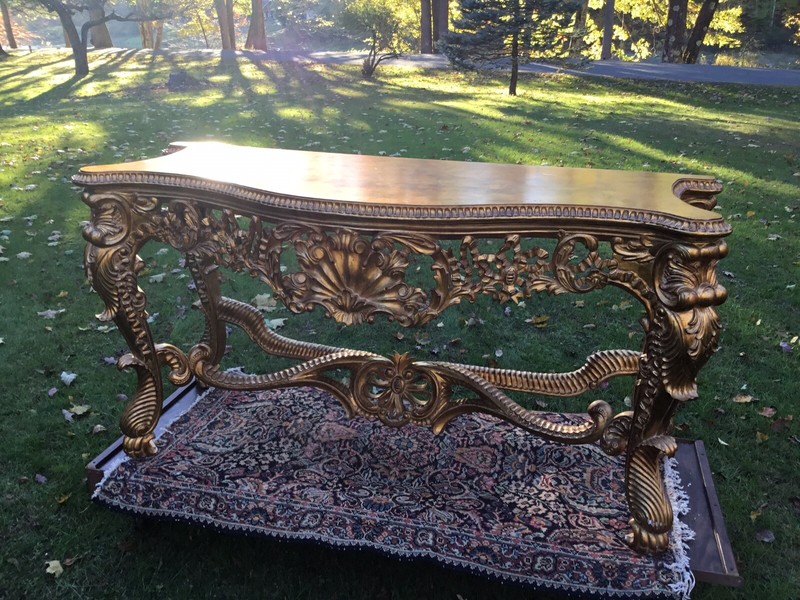 RARE ANTIQUE STYLE GOLD FLORENTINE CONSOLE TABLE WITH GOLDEN COVER gallery