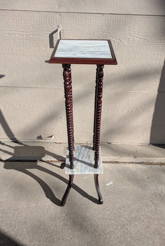 Vintage Marble Top 2-Tier Pedestal Table Bobbin Turned Wood Legs Victorian H63 gallery