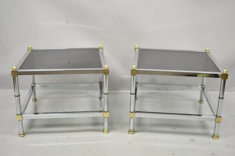 Hollywood Regency Maison Jansen Style Chrome & Brass Square End Tables - a Pair gallery