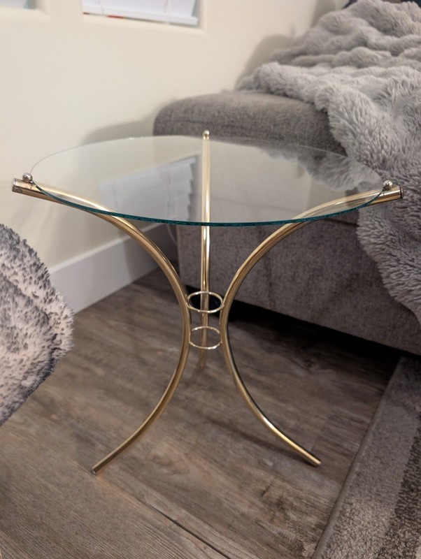 Side Table Gold Tripod Glass Top Metal Frame Mid Century Modern Vintage