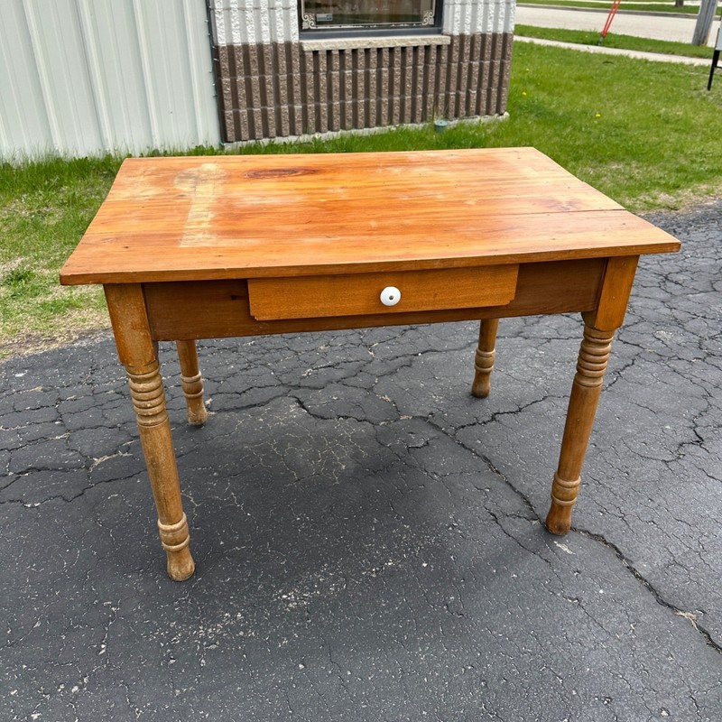 Antique Primitive Pine Wooden Table w/ Single Drawer gallery