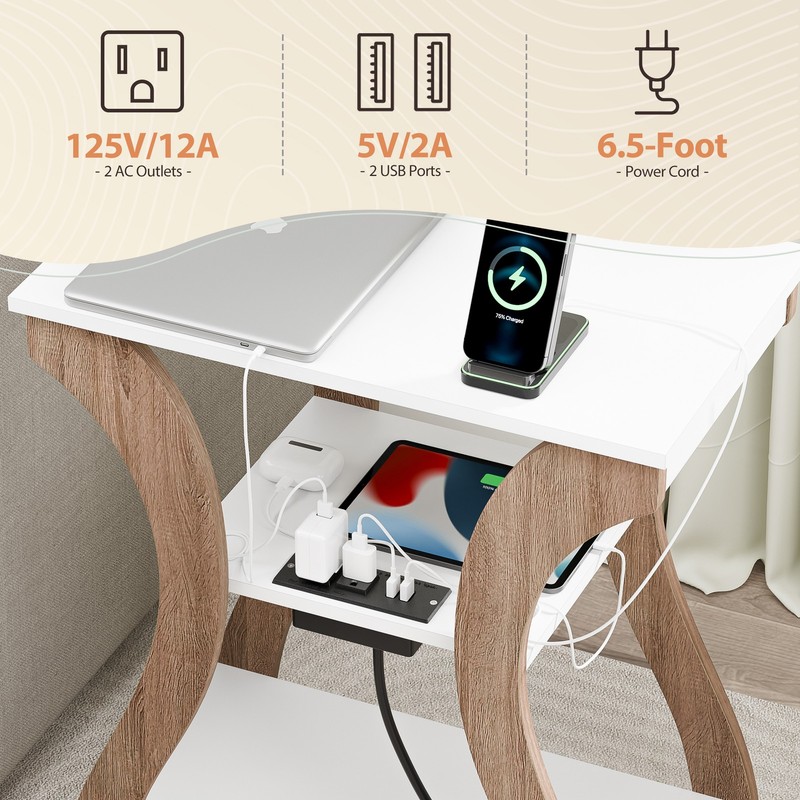 2x 3-Tier Night Stand w/ USB Ports & Outlets Storage Shelf End Side Table White gallery