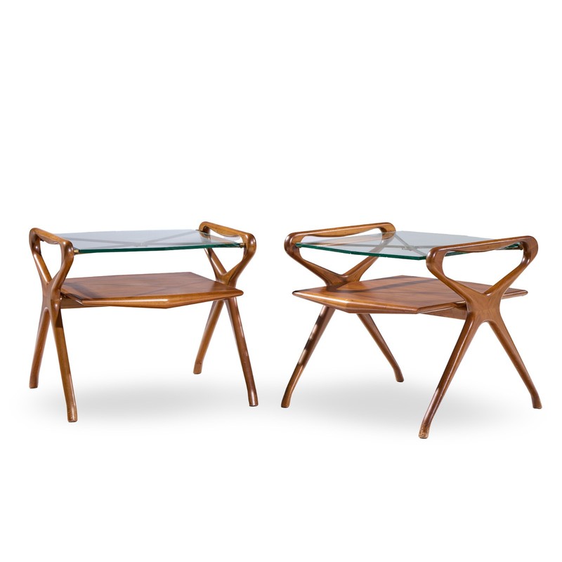Cesare Lacca Style Mid Century Italian Walnut and Brass Side Tables - Pair gallery