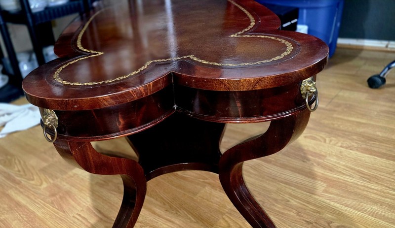 Three 1950s Tables W/ Mahogany Wood, Pressed Leather, And Brass Accents.