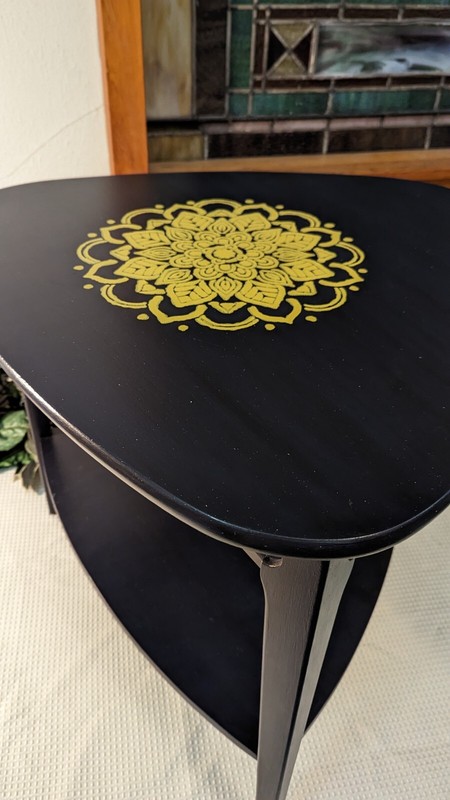 Mid Century Modern Triangle Table Mersman Guitar Pick Mandala Blue Trim Painted