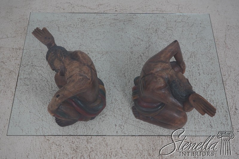 F63878EC: Asian Figural Carved Base Glass Top Coffee Table gallery