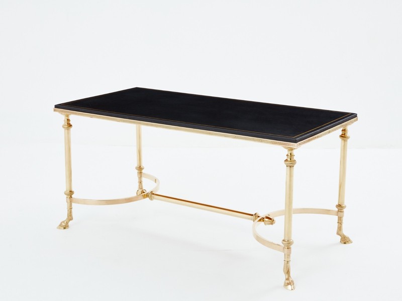 Maison Charles neoclassical coffee table brass black leather 1970s gallery