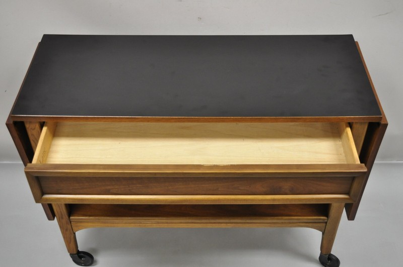 Lane Mid Century Modern Walnut Modern One Drawer Drop Leaf Rolling Bar Cart gallery