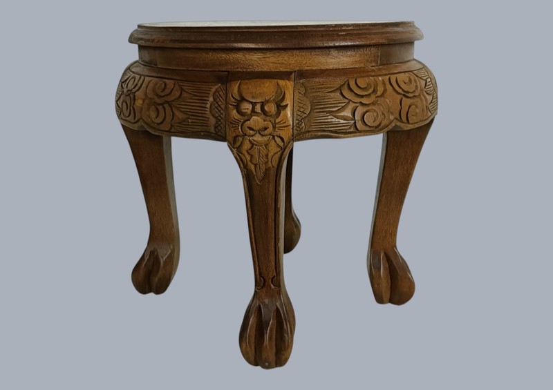 Vintage Hand Carved Wooden Side Table Chinese Plant Stand Brown Ornate Round