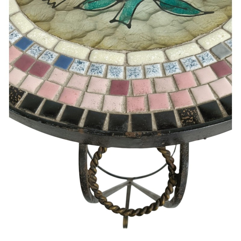 Vintage Mosaic Ceramic Bird Side Table with Wrought Iron Legs gallery