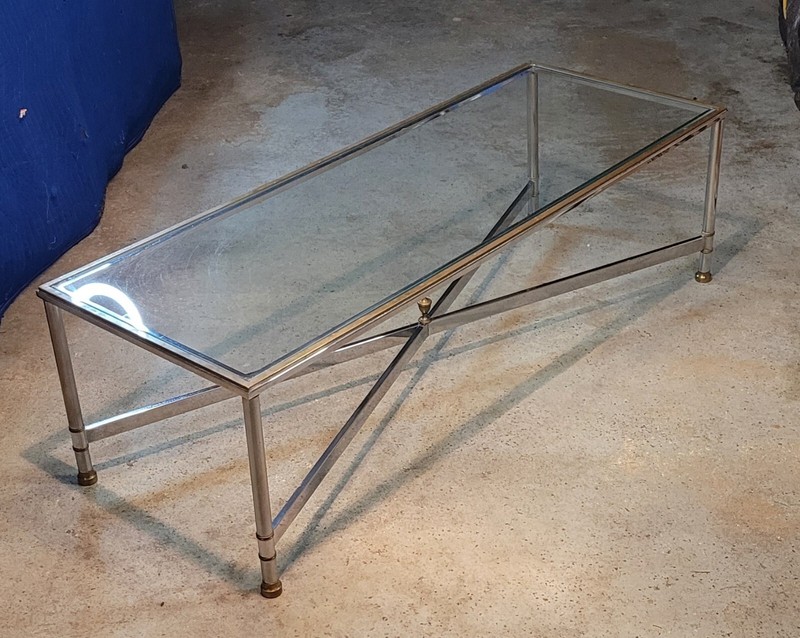 French Neoclassical Chrome, Brass, & Glass Coffee Table after Maison Jansen