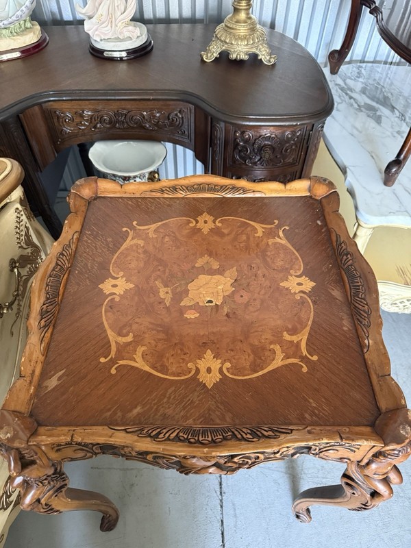 Carved walnut tray-top table with marquetry inlay in Renaissance Revival style gallery
