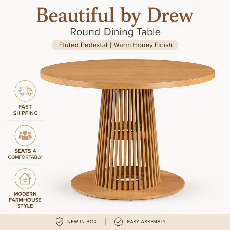 Beautiful by Drew Round Dining Table Fluted Pedestal Warm Honey