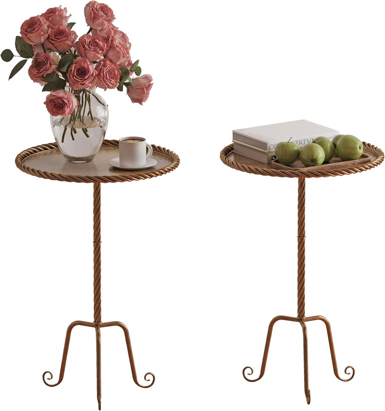 Vintage Bronze round Metal Side Table with Raised Rim, Twisted Pedestal and Curv