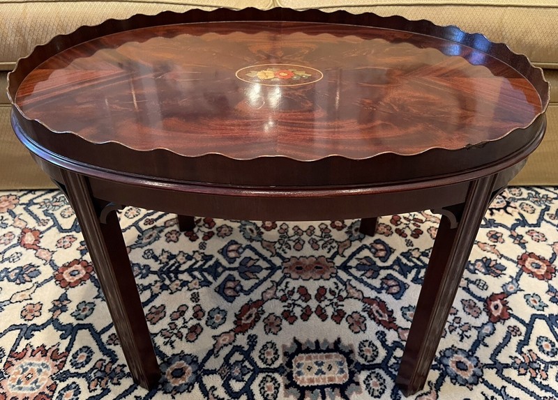 Council Craftsmen Mahogany Inlaid Oval Coffee Table With Scalloped Gallery gallery