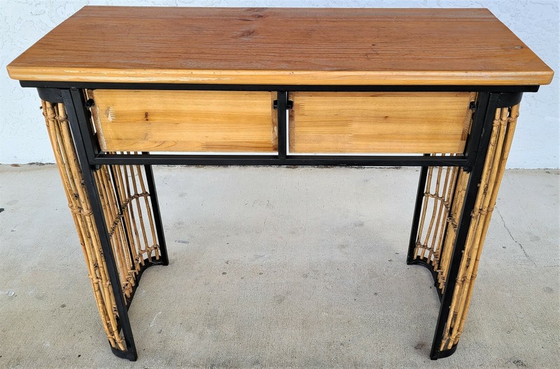 MCM Bamboo Rattan Wood and Wrought Iron 2 Drawer Console Sofa Table gallery