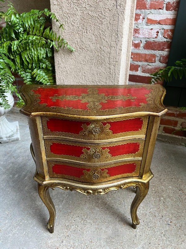 Vintage Italian Gold Gilt Chest End Table Florentine RED Hollywood Regency Tole