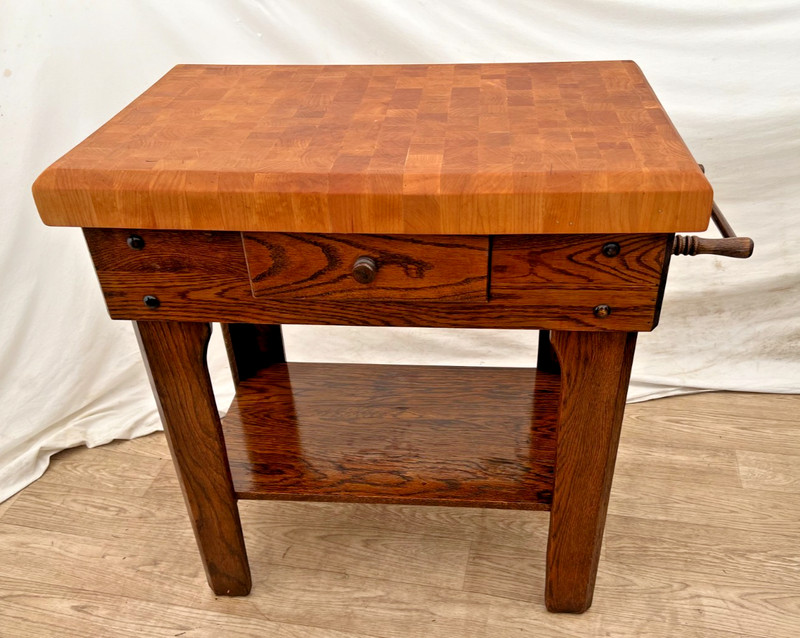 Vintage Butcher Block Carving Table Oak Base with Drawer Shelf End cut Maple top gallery