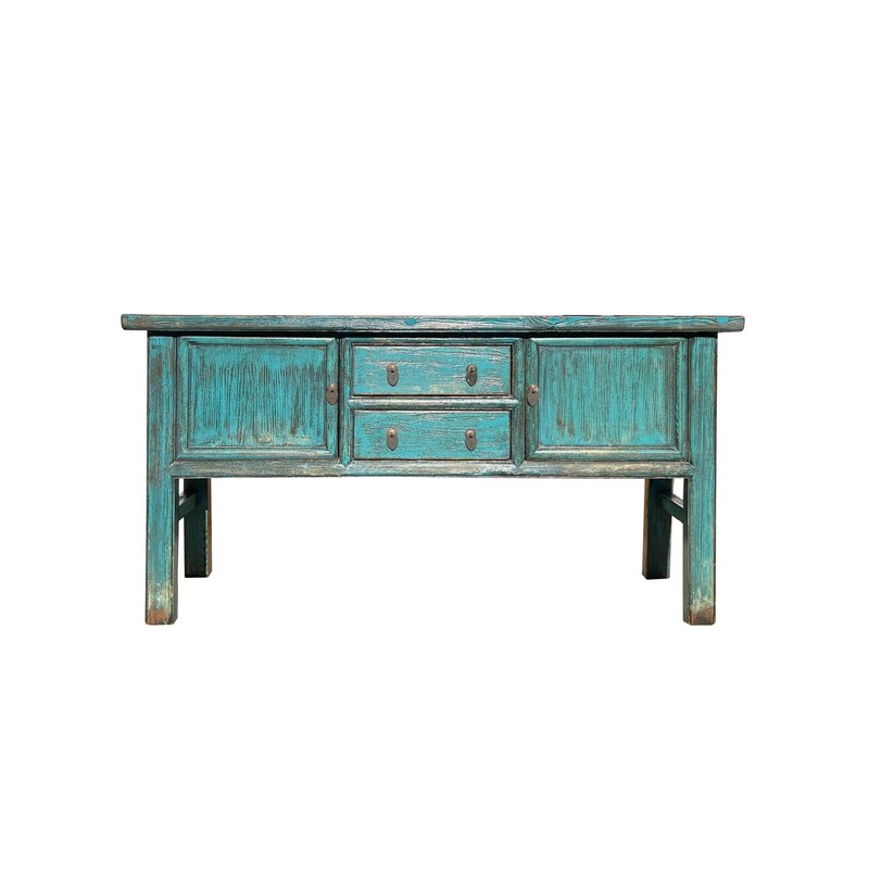 Vintage Chinese Distressed Turquoise Blue Foyer Narrow Side Console Table ws4394
