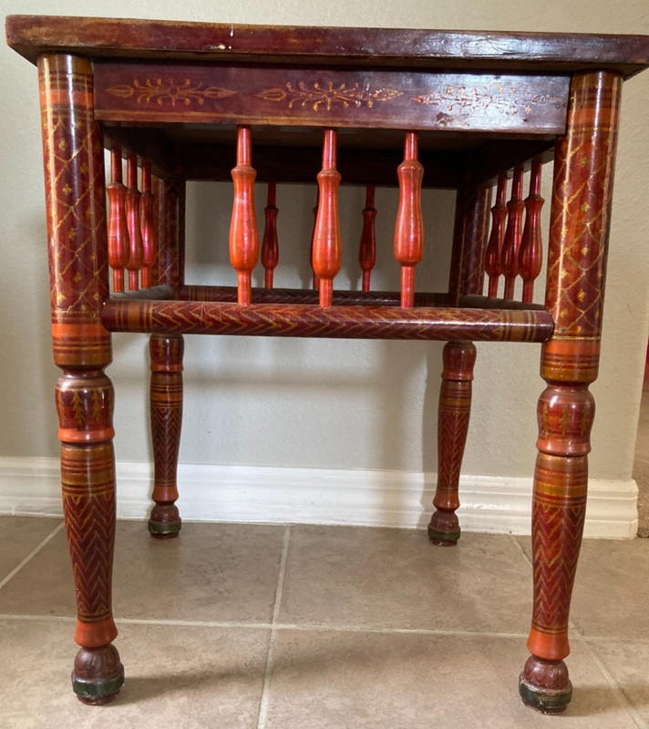 Vintage 18” Sankheda India Red and Gold End Table Lacquered Teak Marquetry Inlay gallery