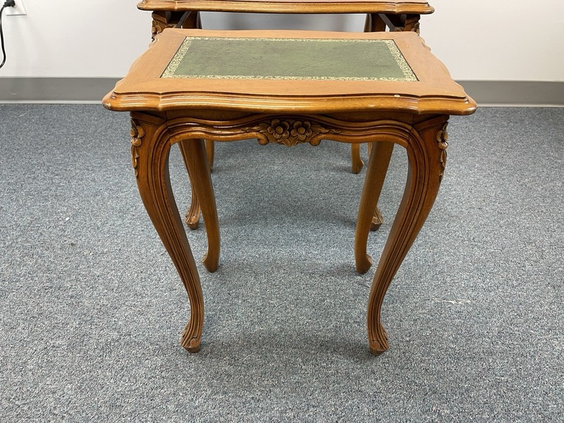 3 Nesting Elegant Rococo Side Tables England Green Leather Inlay Walnut Wood gallery