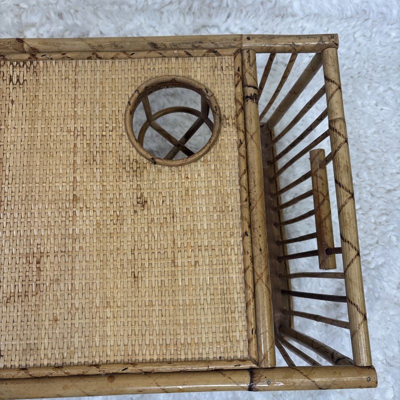 VTG 1970s Bamboo and Rattan Bed Tray Breakfast Tray Lap Desk Cup Magazine Holder gallery