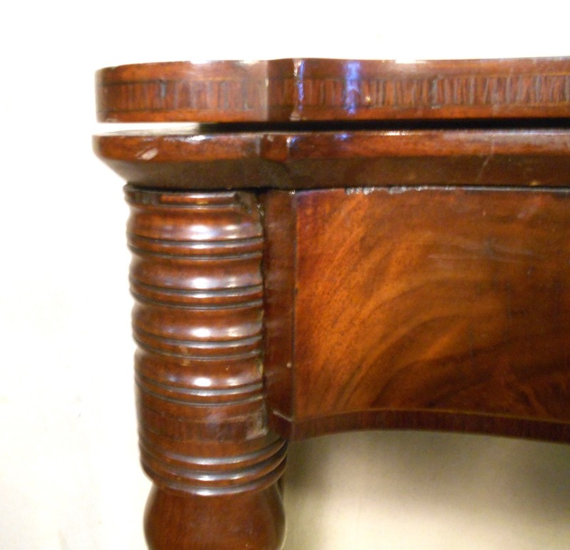 ANTIQUE 18th C. SHERATON COOKIE CORNER REEDED LEG CARD TABLE~ FLAME BIRCH PANEL gallery
