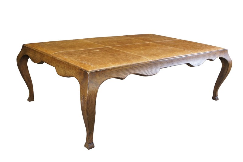 Antique French Country Oak Leather Coffee Cocktail Table Ottoman 58" gallery