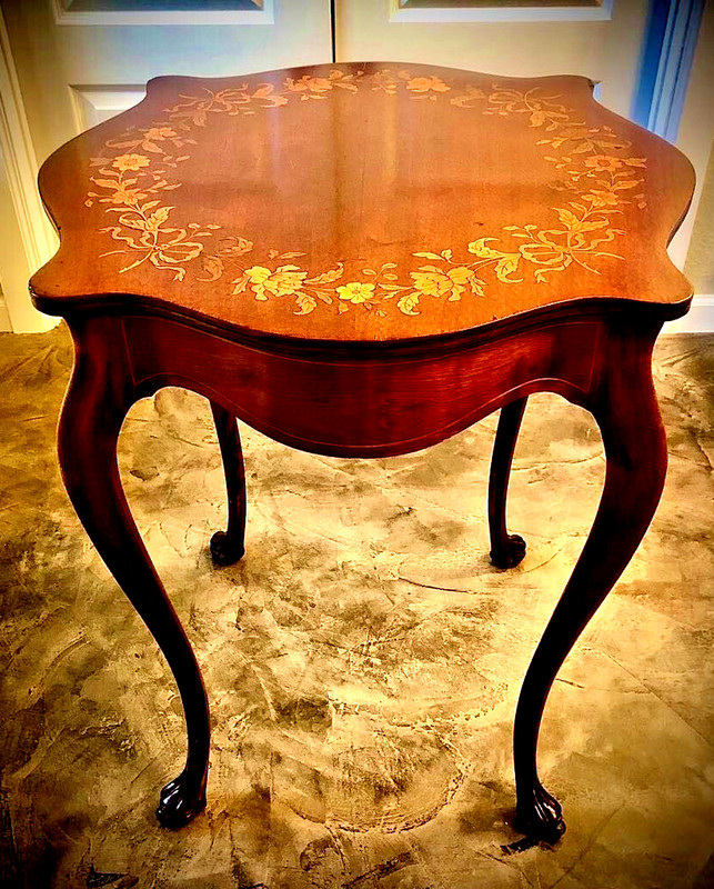 Antique French Louis Philippe Mahogany Accent Table Inlaid Marquetry Turtle Top gallery