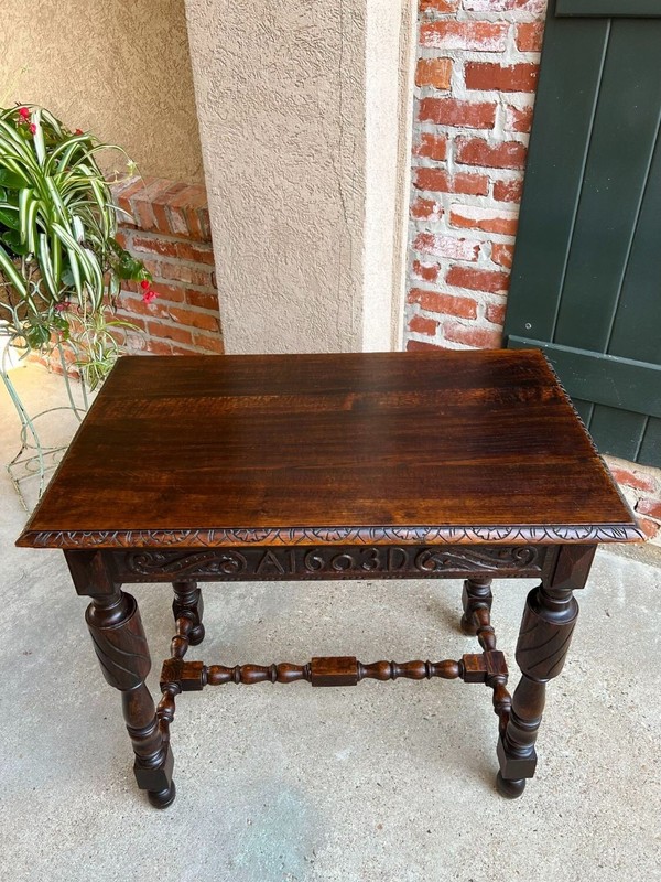Antique English Carved Oak Hall Sofa Table British Tudor c1900 gallery