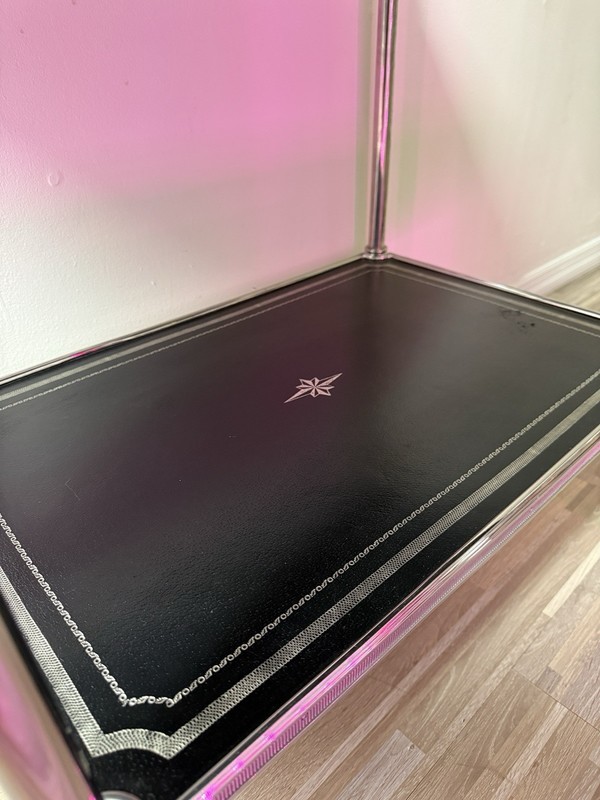 Gorgeous THEODORE ALEXANDER Side Table ( Used ) Black Leather And Silver Accent gallery
