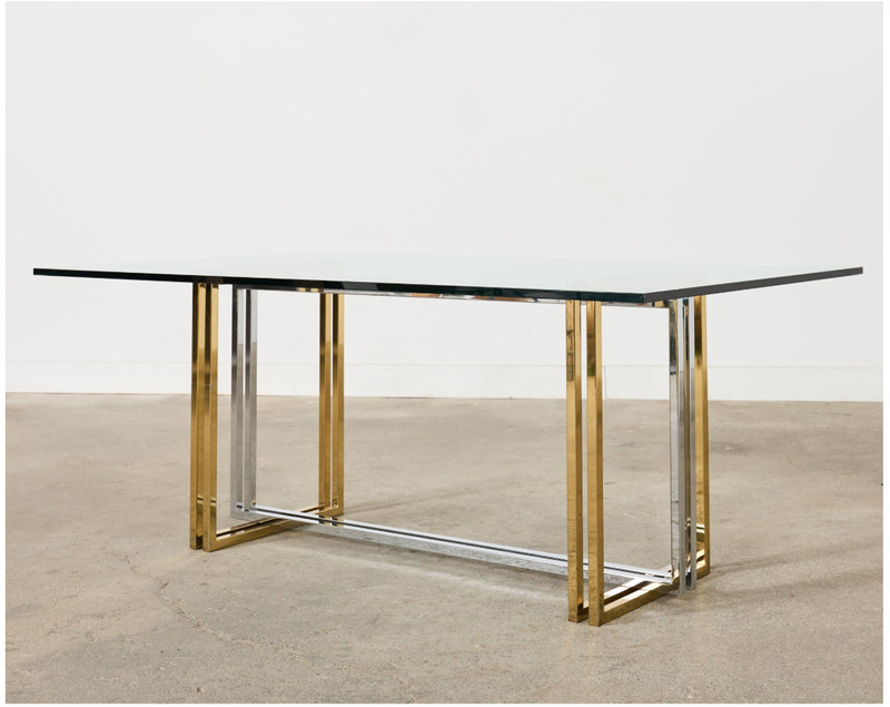 Romeo Rega Hollywood Regency Italian Designer Glass Brass & Chrome Dining Table gallery
