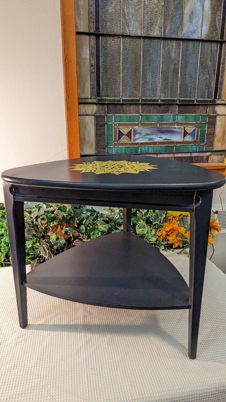 Mid Century Modern Triangle Table Mersman Guitar Pick Mandala Blue Trim Painted gallery