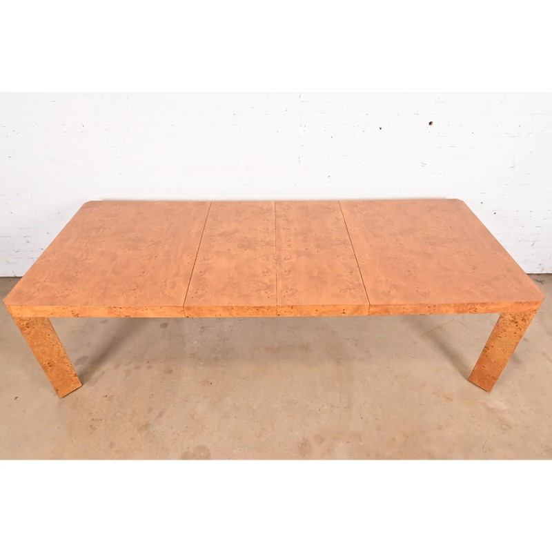 Milo Baughman Style Mid-Century Modern Burl Wood Parsons Extension Dining Table gallery