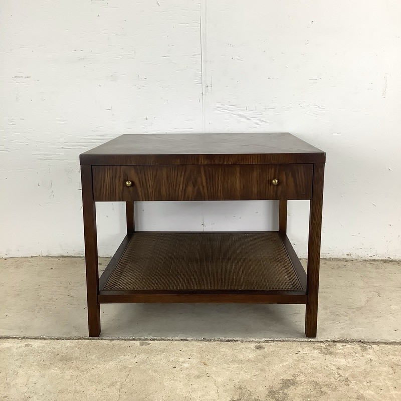 Mid-Century End Table with Drawer and Woven Shelf gallery