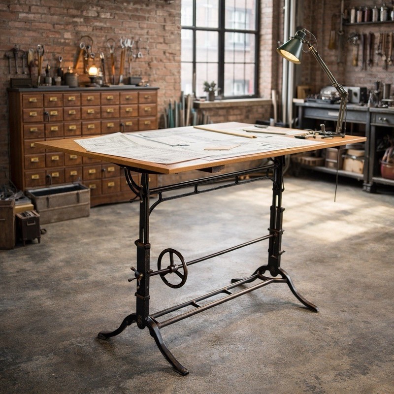 Antique Vintage Drafting Table Cast Iron industrial Base Easel Hand Crank Stand