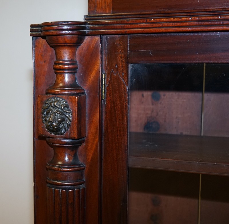 VICTORIAN MAHOGANY BOOKCASE WITH LION MASK CLAW FEET GLAZED DOORS gallery