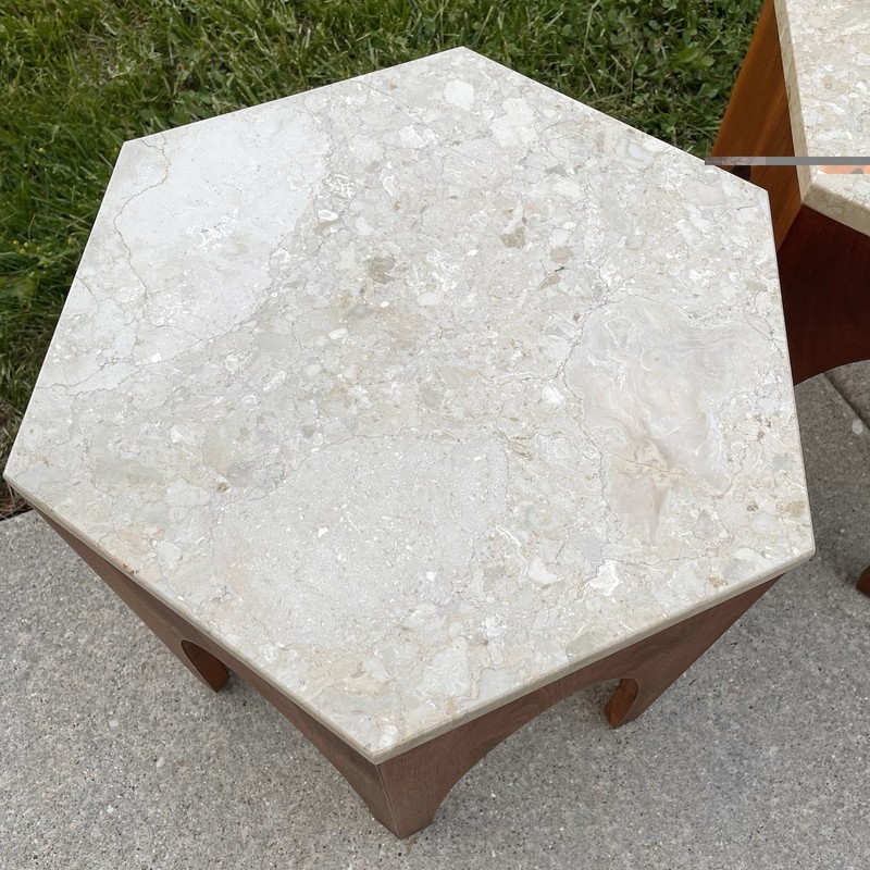 VINTAGE Harvey Probber Hexagon Travertine Marble Side Tables Pair Mid Century gallery