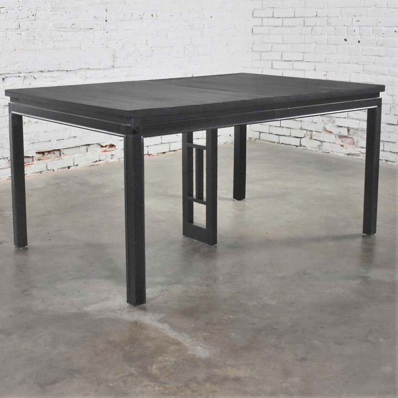 1960’s MCM Asian Parson Style Black Extension Dining Table 2 Leaves gallery