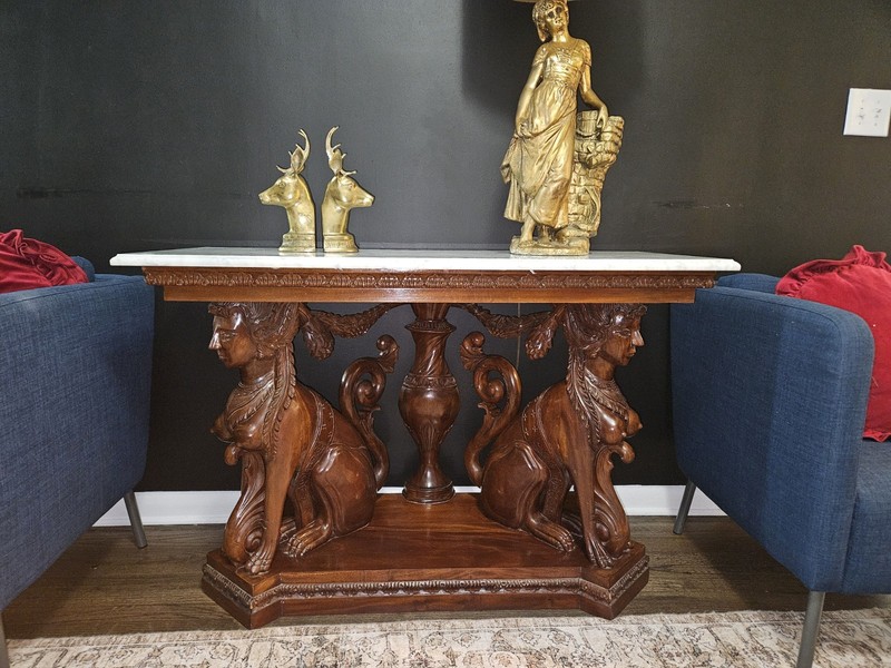 Victorian Marble Top Console Table with Ornate Carved Sphinxes, Wood, Antique