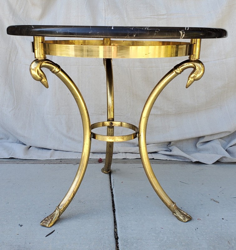 Mid Century Modern Custom Marble Top Brass Swan Neck 30" Table Hollywood Regency gallery
