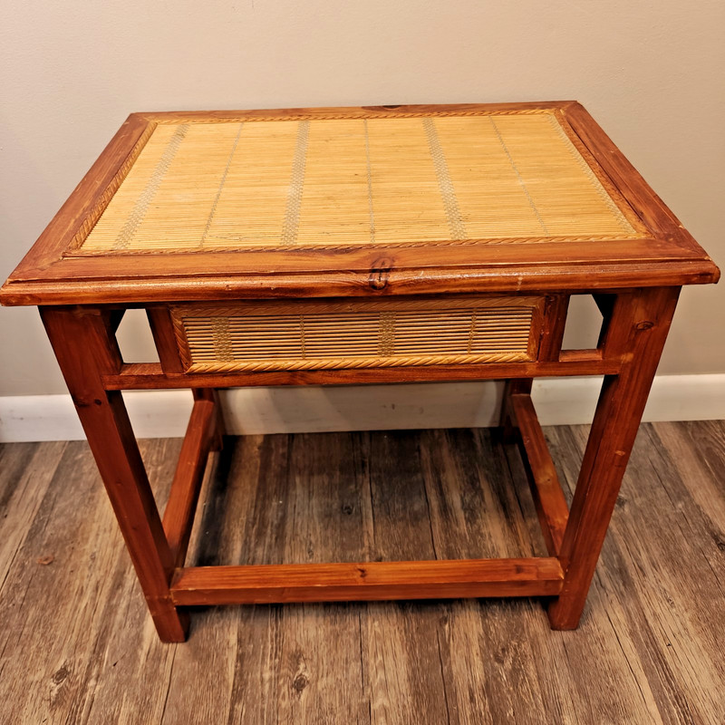 Vintage Boho Wood End Accent Table w/Bamboo Panels