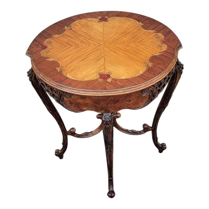1940s Italian Walnut & Satinwood Inlay Carved Side Sofa Occasional Table gallery