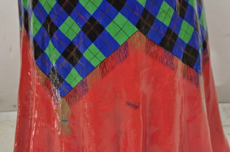Vintage Paper Mache Red Blue Green Tartan Painted "Tablecloth" Drape Side Table gallery