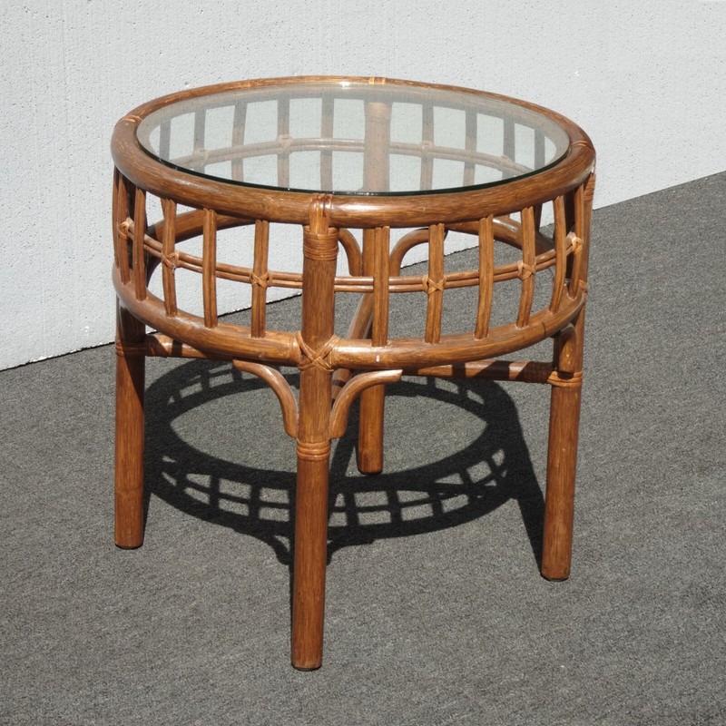 Vintage French Country Bamboo Rattan End Table Side Table w Glass Top gallery