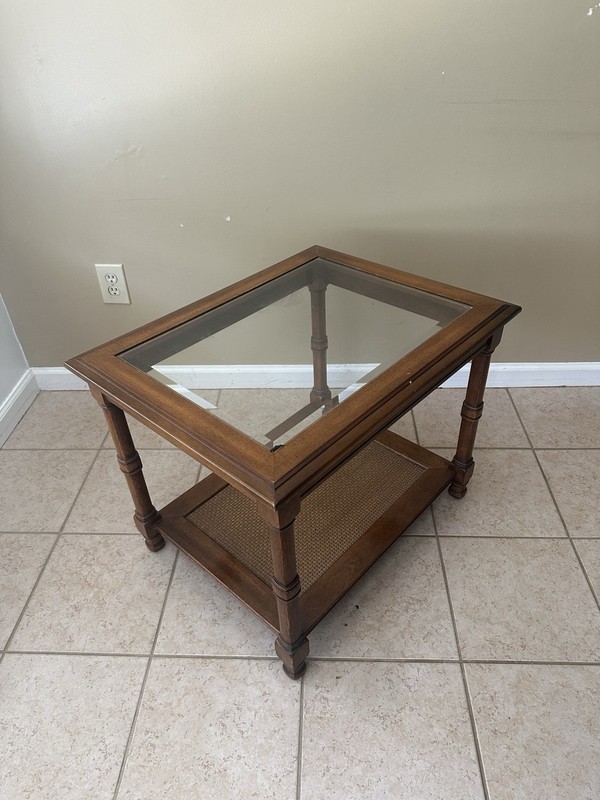 VINTAGE MCM CANE WOOD GLASS TOP END SIDE TABLE GREAT CONDITION